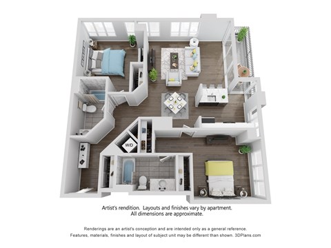 Floor plan for 2 beds, 2 baths, 1180 sqft